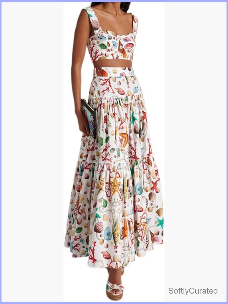 2 Piece Skirt Set Halter Top High Waist Maxi Skirt Summer Vacation Outfit